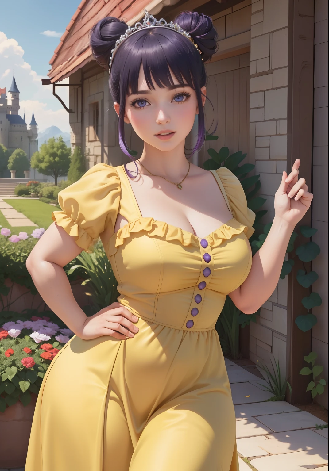 (BelleWaifu:1), surprised, beautiful pose, looking at the viewer, thick thighs, (long yellow dress:1.2), (hair bun, tiara) :D, curvy, (holding a red rose:1),

(realistic: 1.2), (realism), (masterpiece: 1.2), (best quality), (ultra detailed), (8k, 4k, intricate), (full-body-shot: 1), (Cowboy-shot: 1.2), (85mm), light particles, lighting, (highly detailed: 1.2), (detailed face: 1.2), (gradients), sfw, colorful, (detailed eyes: 1.2),

(detailed landscape, garden, plants, castle: 1.2), (detailed background), detailed landscape, (dynamic angle: 1.2), (dynamic pose: 1.2), (rule of third_composition: 1.3), (line of action: 1.2), wide shot, daylight, soil, Blunt Bangs, purple eyes,dark blue hair