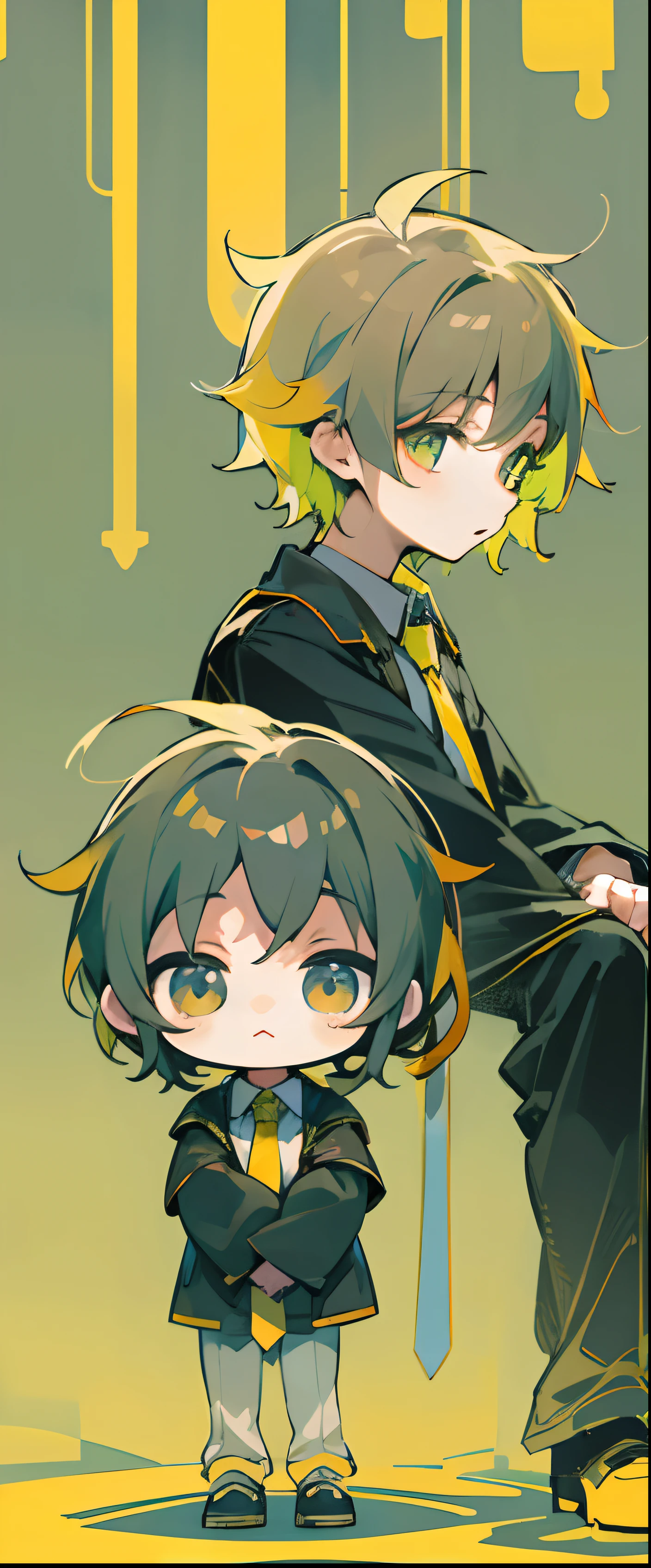 VOCALOID、One Boy、colourful hair、A dark-haired、Yellow pastel colors、Black shirt、Yellow tie、dome、cute little、simple background