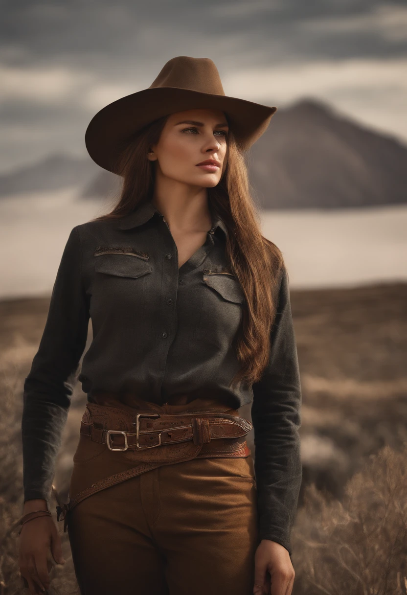 She is a young woman with sunkissed skin and dark eyes. She has long golden hair and red lips. Around her left eye is black eyeshadow. She wears a brown cowboy hat and a grey lumberjack blouse with brown braces. Around her neck she wears a black scarf. Her right eye is hidden by a black eyepatch. She wears brown pants. A rifle is over her shoulder. She stands in a old wildwest town. Digital Art, very detailed, artwork, high resolution, portrait, character, digital painting, digital illustration, extreme detail, digital art, 4k, Ultra, hd, hyper realism, sharp image