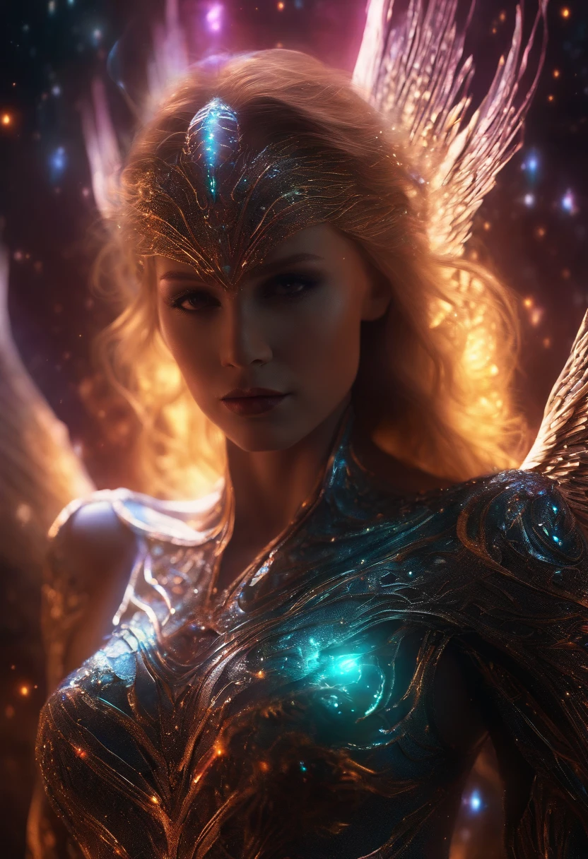 Cosmic Fallen Angel, glowing light eyes, Biomechanical, eerie, Creepy, nightmarish, Very bright colors, Light particles, with light glowing, Mshiff, wallpaper art, UHD wallpaper