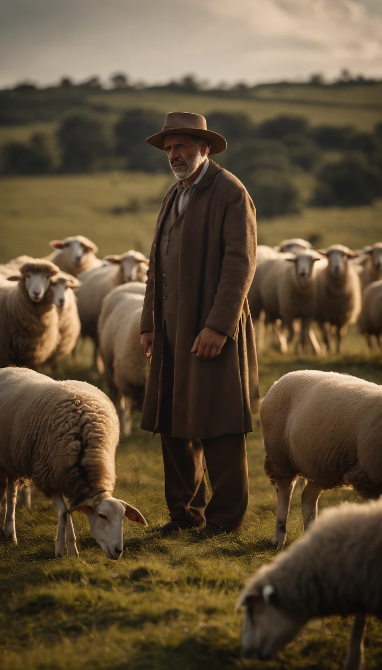 um homem , pastor de ovelhas, your sheep are in the field grazing, ele tem cem ovelhas