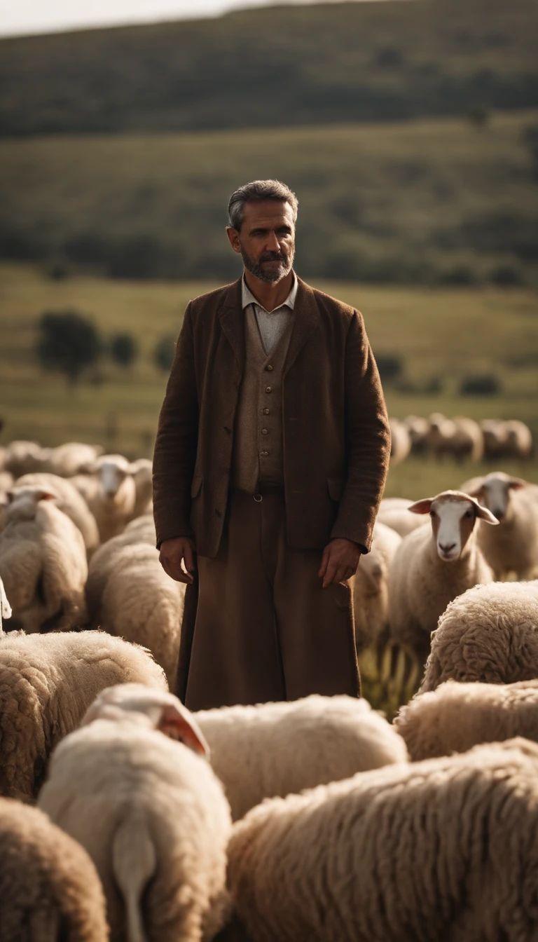 um homem , pastor de ovelhas, your sheep are in the field grazing, ele tem cem ovelhas