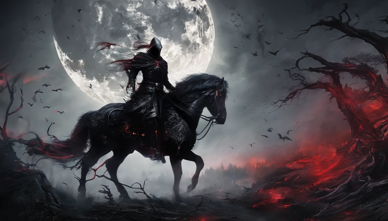 Undead Terror Knight,Riding black(Red-eyed zombie horse:1.5),The background is pitch black wilderness,There were several dried corpses hanging from a dead tree,(themoon),horror atmosphere,4K,best qualtiy,primitive,((Ultra-detailed and high-precision details)),photore,Authentic texture