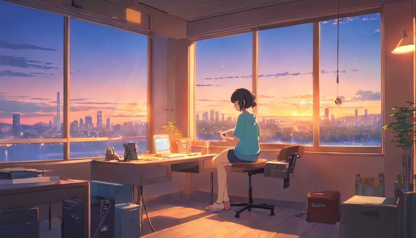 portlate、512、lo fi、Girl in headphones sitting on a chair、Take a nap at your desk、Eyes closed、City view outside the window、early evening、PastelColors、Painting