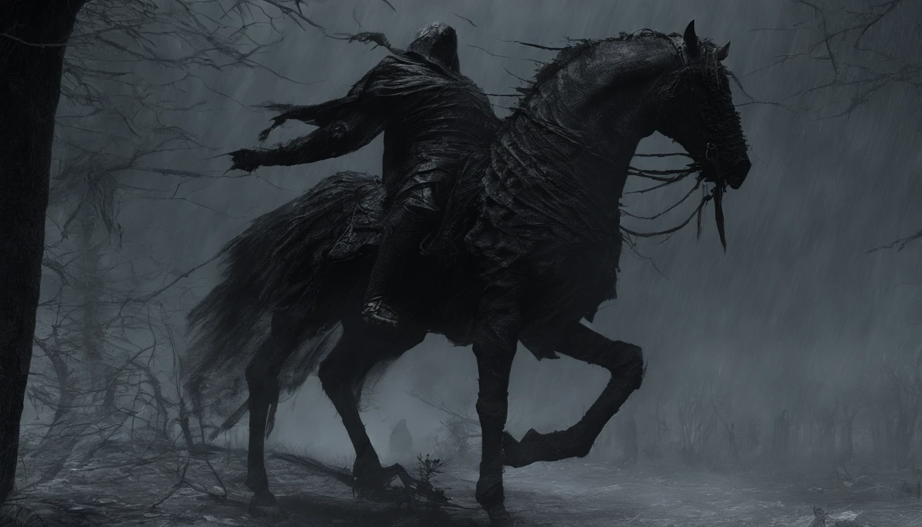 Undead Terror Knight,Riding black(Red-eyed zombie horse:1.5),The background is pitch black wilderness,There were several dried corpses hanging from a dead tree,(themoon),horror atmosphere,4K,best qualtiy,primitive,((Ultra-detailed and high-precision details)),photore,Authentic texture