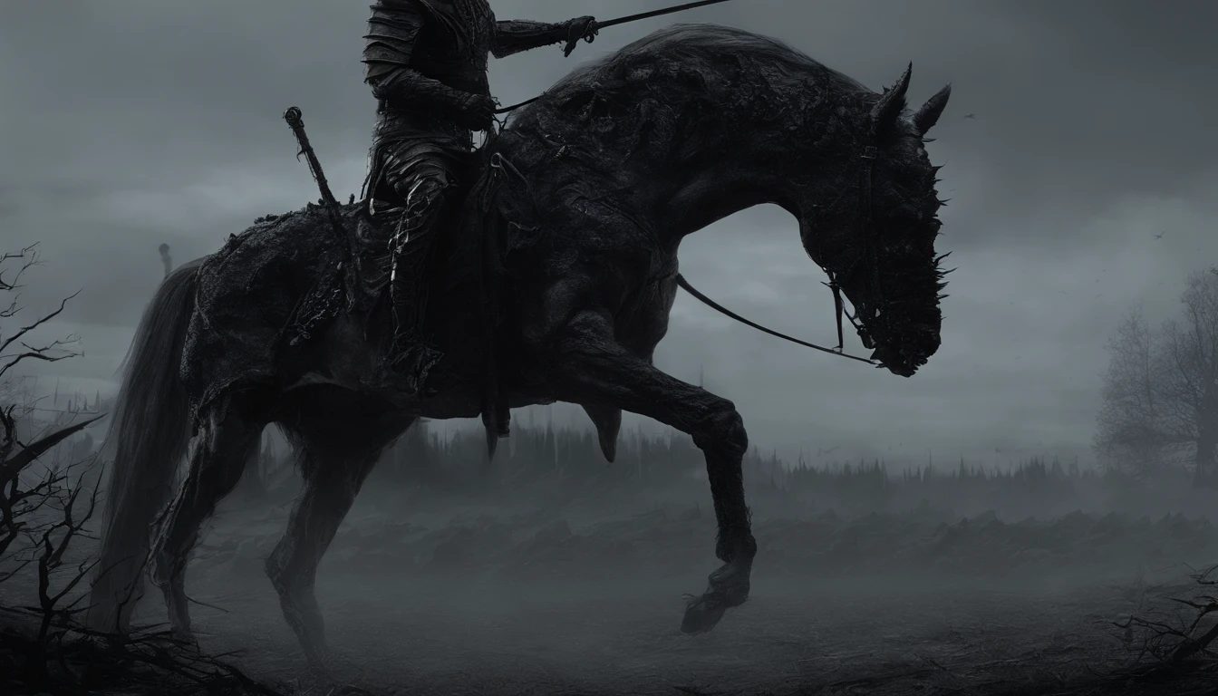 Undead Terror Knight,Riding black(Red-eyed zombie horse:1.5),The background is pitch black wilderness,There were several dried corpses hanging from a dead tree,(themoon),horror atmosphere,4K,best qualtiy,primitive,((Ultra-detailed and high-precision details)),photore,Authentic texture
