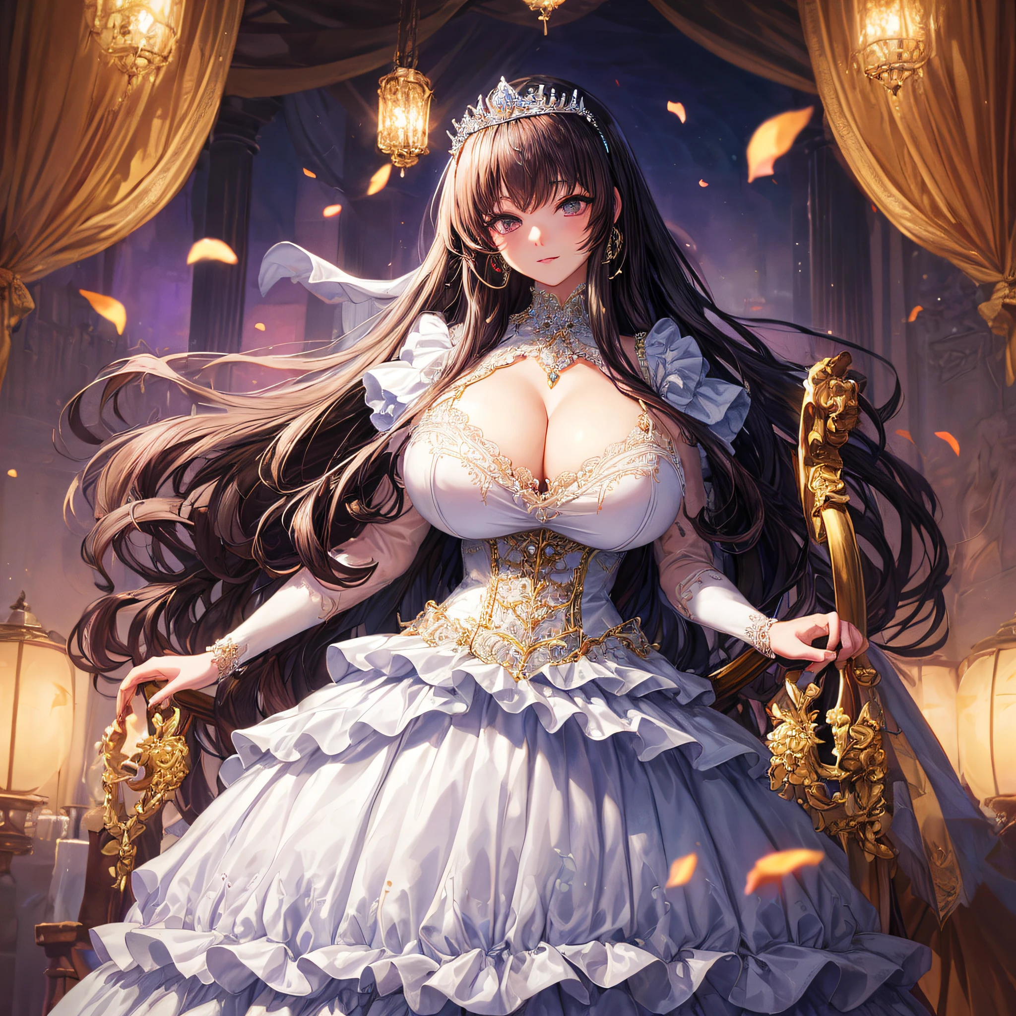 (masterpiece, best quality,extremely detailed:1.1),(moe anime art style:1.2),1girl,((full body)),((solo)), cute, kawaii,digital art,((1 bling-bling anime princess wearing beautiful embroidery and jeweled ruffled gorgeous princess ballgown with voluminous full length hoop skirt)),((crinoline)),long train,voluminous frills,(gorgeous embroidery and beautiful lace),((very gigantic boobs,skindentation)),cleavage,shiny hair,(((very long straight hair))),((finely detailed face and eyes)),clear pupil,extremely gorgeousfull hair ornament,(bling-bling jeweled extremely gorgeousfull tiara),(bling-bling gorgeous gemstone jewelry),long veil,beautiful background,fantasy garden,flowers,flower petals flowing,full body,((beautiful embroidery and jeweled ruffled gorgeous princess ballgown with voluminous full length hoop skirt))