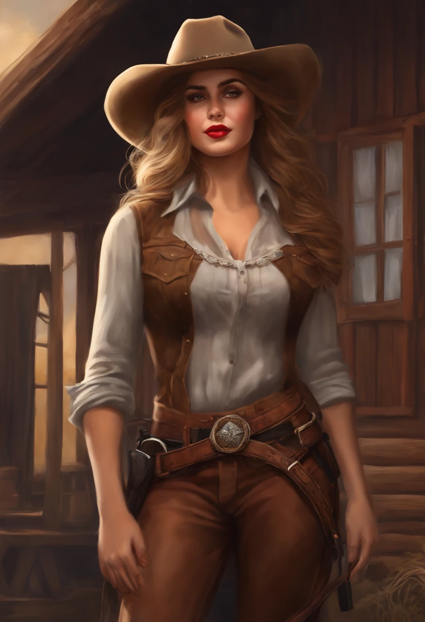 She is a young woman with sunkissed skin and dark eyes. She has long golden hair and red lips. Around her left eye is black eyeshadow. She wears a brown cowboy hat and a grey lumberjack blouse with brown braces. Around her neck she wears a black scarf. Her right eye is hidden by a black eyepatch. She wears brown pants. A rifle is over her shoulder. She stands in a old wildwest town. Digital Art, very detailed, artwork, high resolution, portrait, character, digital painting, digital illustration, extreme detail, digital art, 4k, Ultra, hd, hyper realism, sharp image