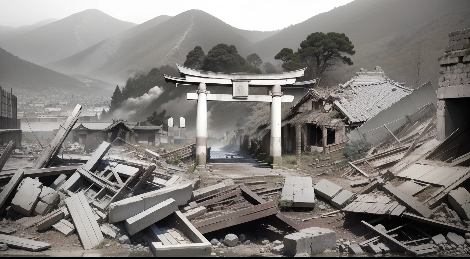 The eruption of Mt. Fuji，Flying sand and rocks，Smoke billowed out，The fire burst into the sky，Large quantities of molten slurry，The village collapsed，Purgatory on earth，There are white bones everywhere，Bodies are strewn across the field，tattered，Abandoned and dilapidated houses are everywhere（（（Snow-capped volcano）））Tropical rainforest area (Very detailed giant volcano) In the mountainous desert，There are several exhaust fans and chimneys, Some spotlights come out of the base to illuminate dark places, (Extreme nights), Some clouds in the night sky，The farthest giant volcano is erupting（(Giant volcanoes)）（（（The volcano ruptures））