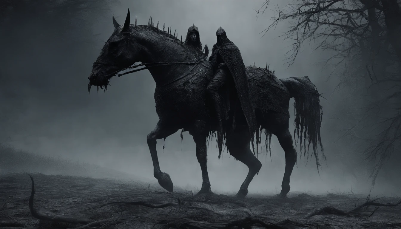 Undead Terror Knight，Riding black（Red-eyed zombie horse：1.5），The background is pitch black wilderness，There were several dried corpses hanging from a dead tree，(themoon),horror atmosphere，4K，best qualtiy，primitive，thin fog，（(Ultra-detailed and high-precision details))，photore，Authentic texture