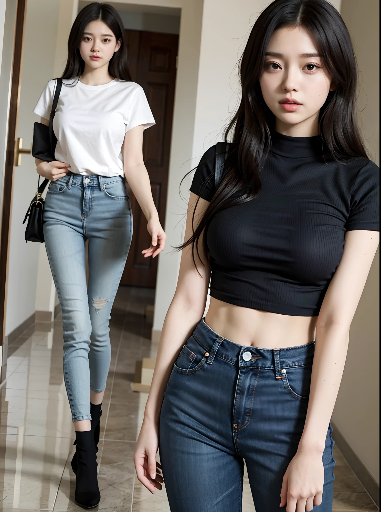 Black jeans, Wearing jeans, Big breasts, Thin waist, Thin legs for college students