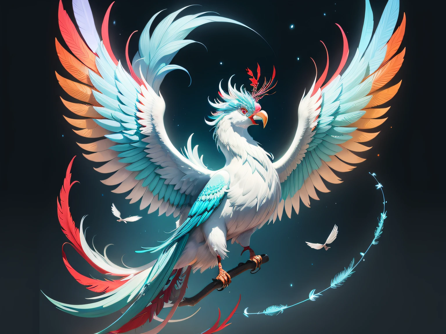 hight resolution，From Chinese mythology，fengxi、NOhumans、Chinese mythical creatures，Spreading wings、The feathers on the back are cyan，the plumage of the abdomen is red，the mouth is white、Colorful feathers in 7 colors、No background、the tail is long