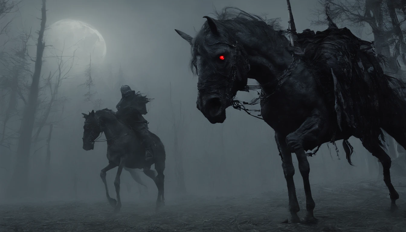 Undead Terror Knight,Riding black(Red-eyed zombie horse:1.5),The background is pitch black wilderness,There were several dried corpses hanging from a dead tree,(themoon),horror atmosphere,4K,best qualtiy,primitive,((Ultra-detailed and high-precision details)),photore,Authentic texture