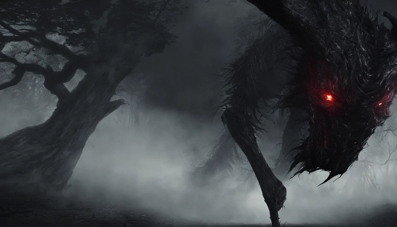 Undead Terror Knight,Riding black(Red-eyed zombie horse:1.5),The background is pitch black wilderness,There were several dried corpses hanging from a dead tree,(themoon),horror atmosphere,4K,best qualtiy,primitive,((Ultra-detailed and high-precision details)),photore,Authentic texture