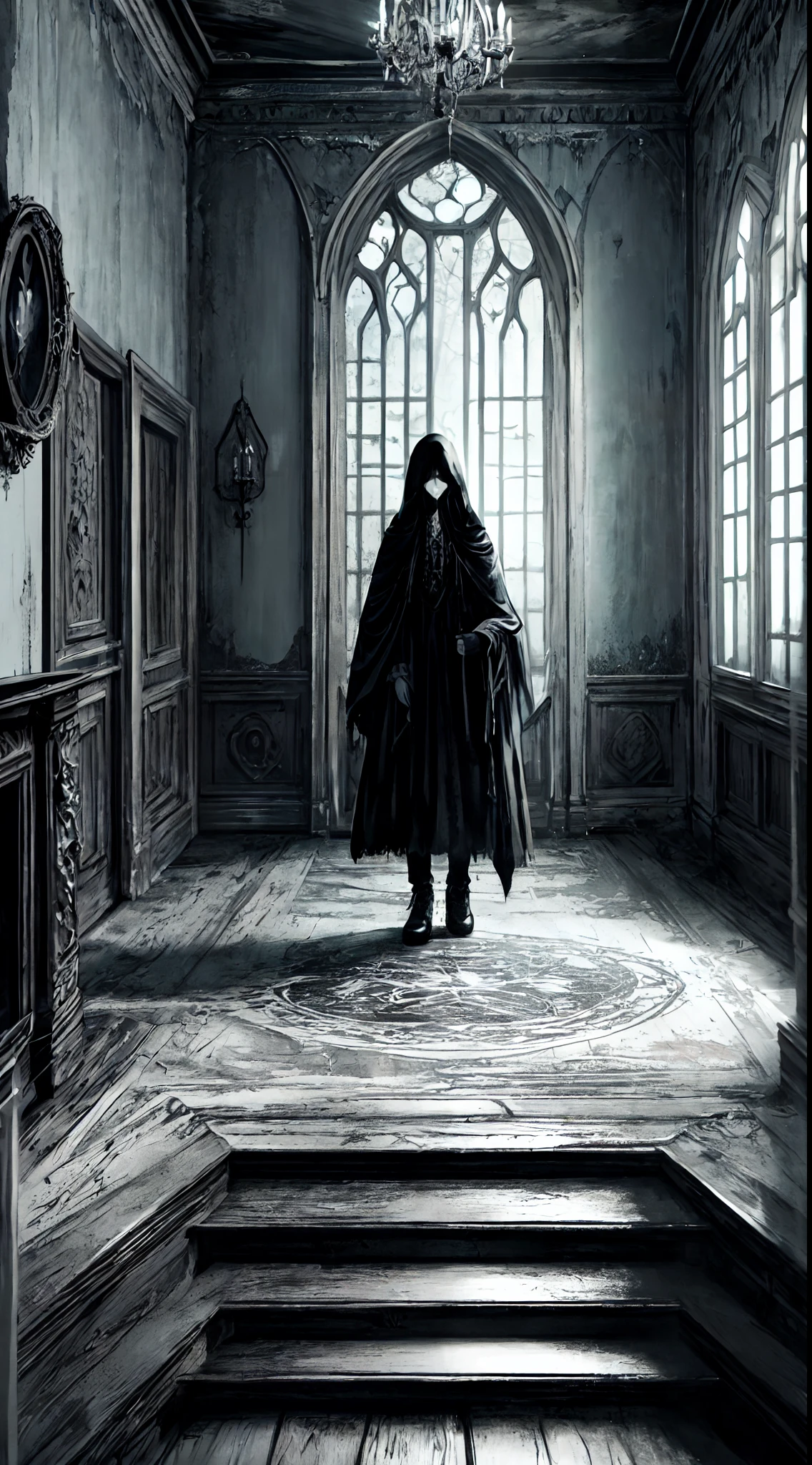 (best quality,4k,highres,masterpiece:1.2),ultra-detailed,realistic,haunted,abandoned mansion,hollow eyes,blood,cobwebs,scary,ghost,eerie,doll,horror,creepy atmosphere,dark and gloomy,cold and desolate,decaying furniture,dusty room,flickering candlelight,cold drafts,ominous silence,loneliness,pale moonlight,ominous presence,unsettling shadows,mysterious aura,haunting whispers,creaking floorboards,sinister secrets,horrifying apparitions,mystical energy,sinister energy,unsettling stillness,gothic architecture,spooky atmosphere