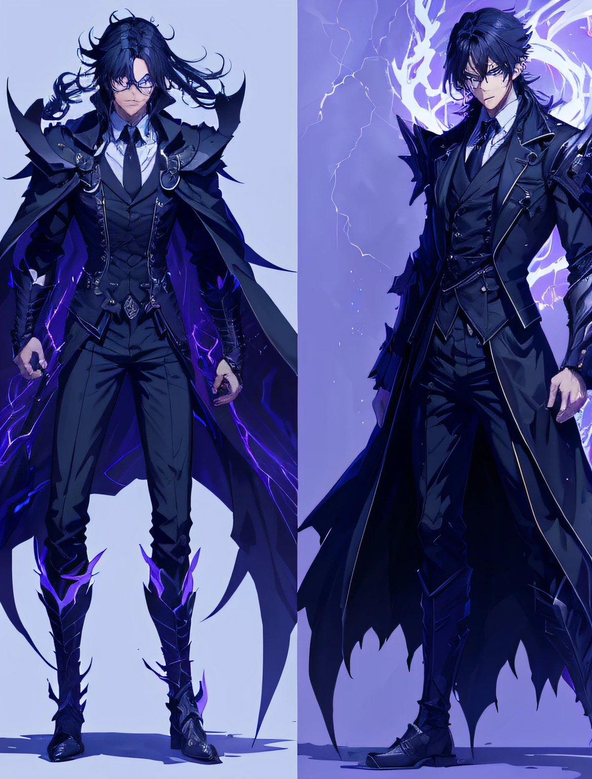 a man , Anime - white man style anime illustration, black hair, long hair, ((blue eyes)) Attire, shadow clothing, anime art style, ((Purple Darkness Power of Thunder)), Reference Sheet, full body, male, high detail, 8k, thin, slender, black and black wolves, clock power, glasses, darkness, shadow monarch, death king, dark armor, arcane style, high face details, long hair
