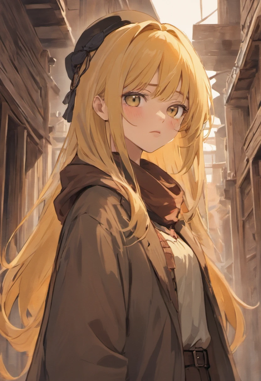 She is a young woman with sunkissed skin and dark eyes. She has long golden hair and red lips. Around her left eye is black eyeshadow. She wears a brown cowboy hat and a grey lumberjack blouse with brown braces. Around her neck she wears a black scarf. Her right eye is hidden by a black eyepatch. She wears brown pants. A rifle is over her shoulder. She stands in a old wildwest town. Digital Art, very detailed, artwork, high resolution, portrait, character, digital painting, digital illustration, extreme detail, digital art, 4k, Ultra, hd, hyper realism, sharp image