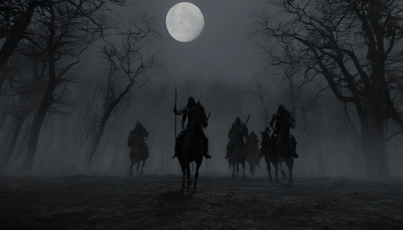 Undead terror knights in the distance，Riding black（Red-eyed zombie horse：1.5），The background is pitch black wilderness，Nearby, there were several dried corpses hanging from a dead tree，(themoon),horror atmosphere，4K，best qualtiy，primitive，（(Ultra-detailed and high-precision details))，photore，Authentic texture