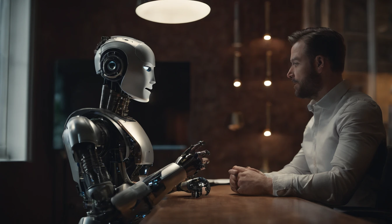 Robots are talking to each other in a meeting room, endless collaboration with ai, Inteligencia artificial fuerte, inteligencia artificial, IA produciendo lo realista, Investigador de IA, con tema AI, Robot con rostro humano, Cyborgs trabajando, robots humanoides, Inicio de IA, Robot humanoide, biometric humanoid robot, Retrato de una IA, AI's Next Singularity