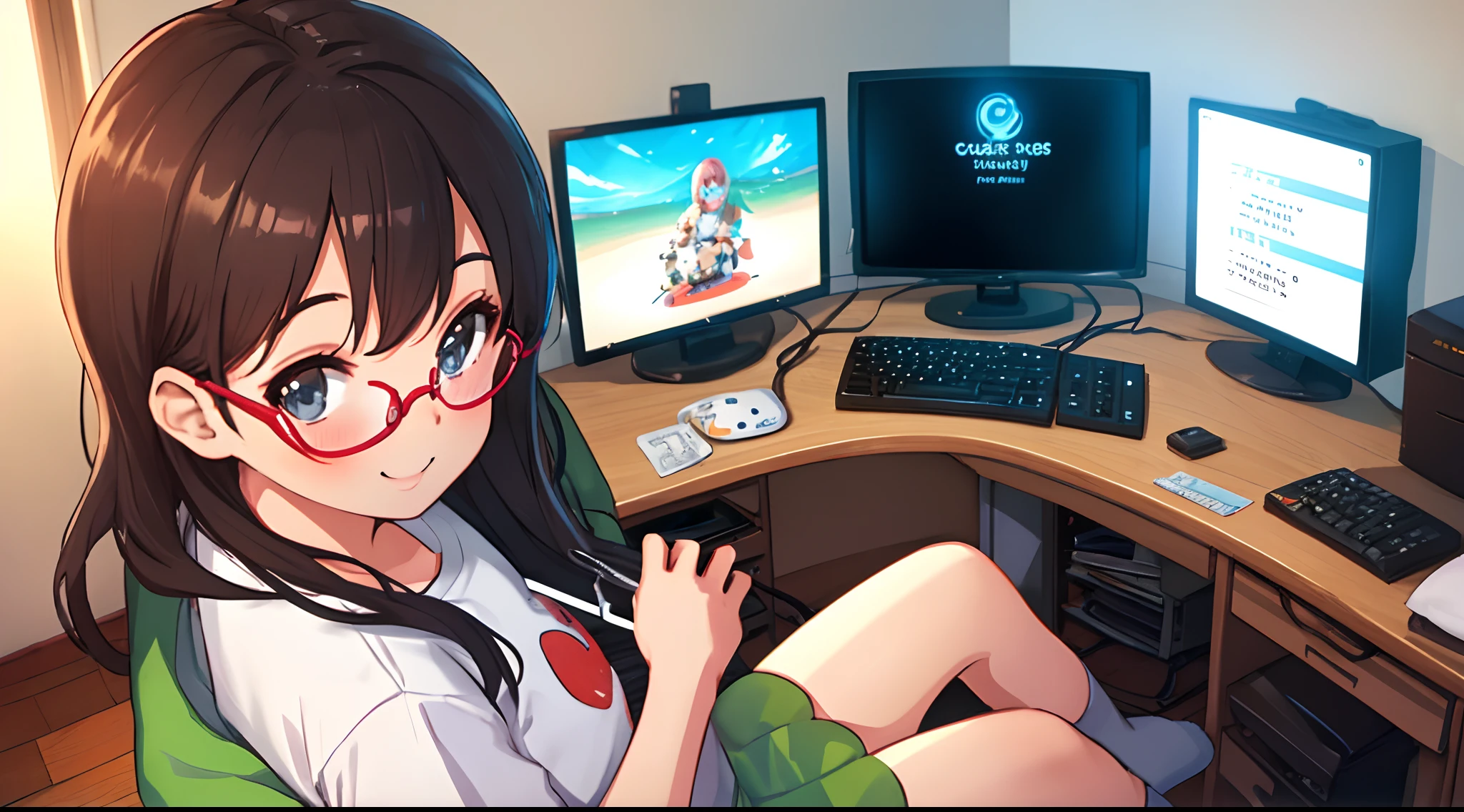 Gamer girl
In your room
Sitting in front of the computer
Face facing the audience
Smiling
Wearing glasses