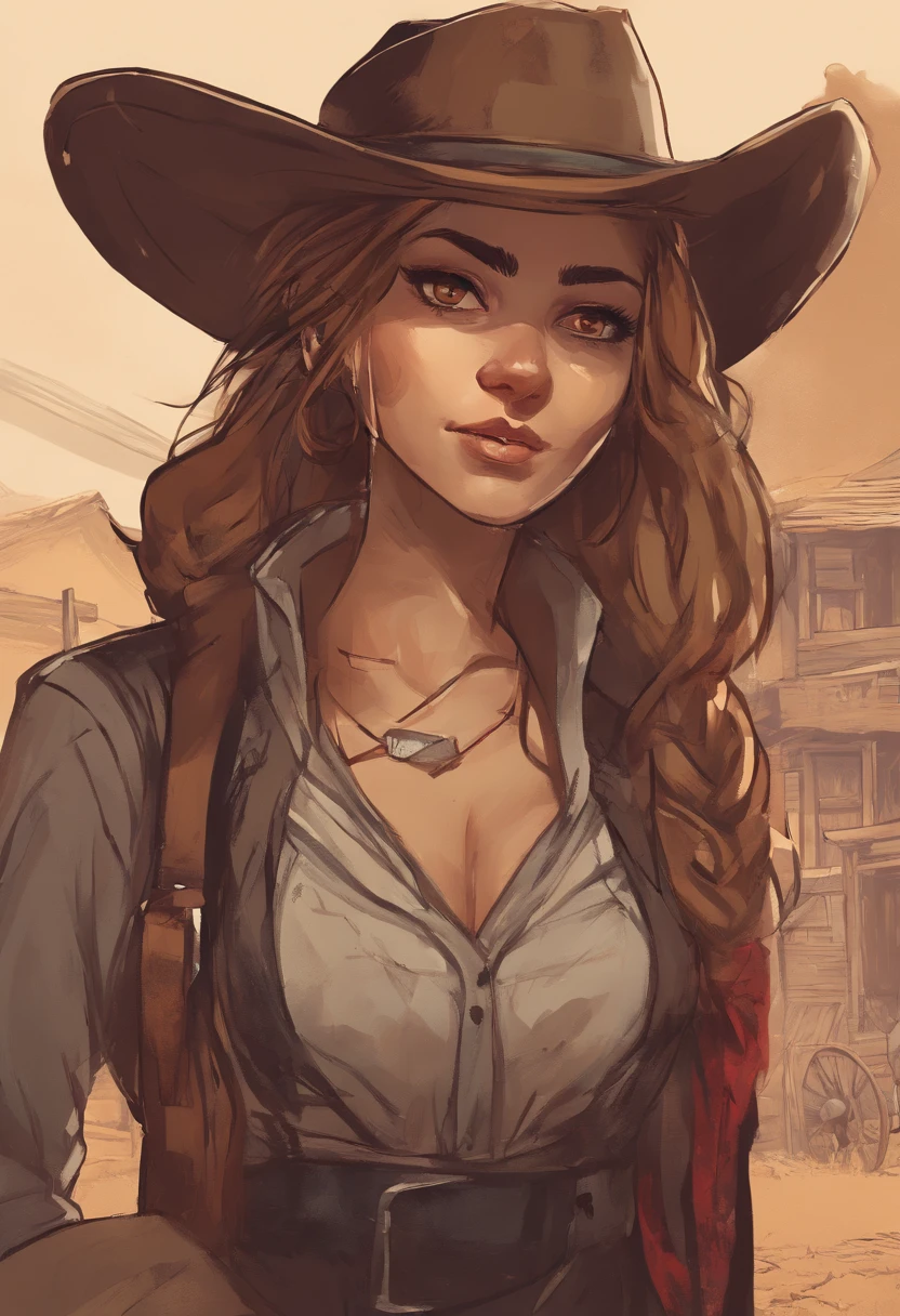 She is a young woman with sunkissed skin and dark eyes. She has long golden hair and red lips. Around her left eye is black eyeshadow. She wears a brown cowboy hat and a grey lumberjack blouse with brown braces. Around her neck she wears a black scarf. Her right eye is hidden by a black eyepatch. She wears brown pants. A rifle is over her shoulder. She stands in a old wildwest town. Digital Art, very detailed, artwork, high resolution, portrait, character, digital painting, digital illustration, extreme detail, digital art, 4k, Ultra, hd, hyper realism, sharp image