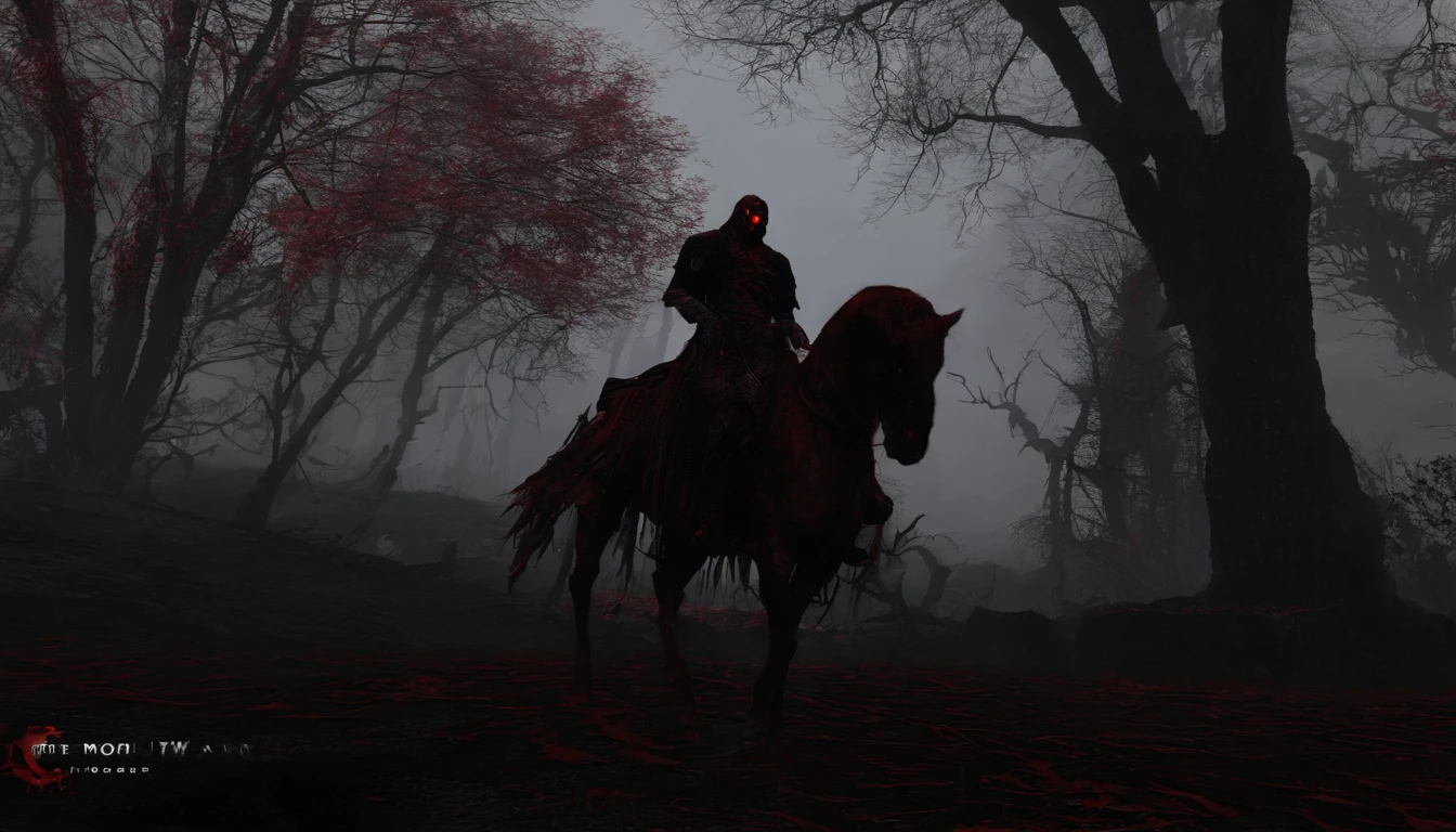 Undead terror knights in the distance,Riding black(Red-eyed zombie horse:1.5),The background is pitch black wilderness,Nearby, there were several dried corpses hanging from a dead tree,(themoon),horror atmosphere,4K,best qualtiy,primitive,((Ultra-detailed and high-precision details)),photore,Authentic texture,((red color eyes:1.5))