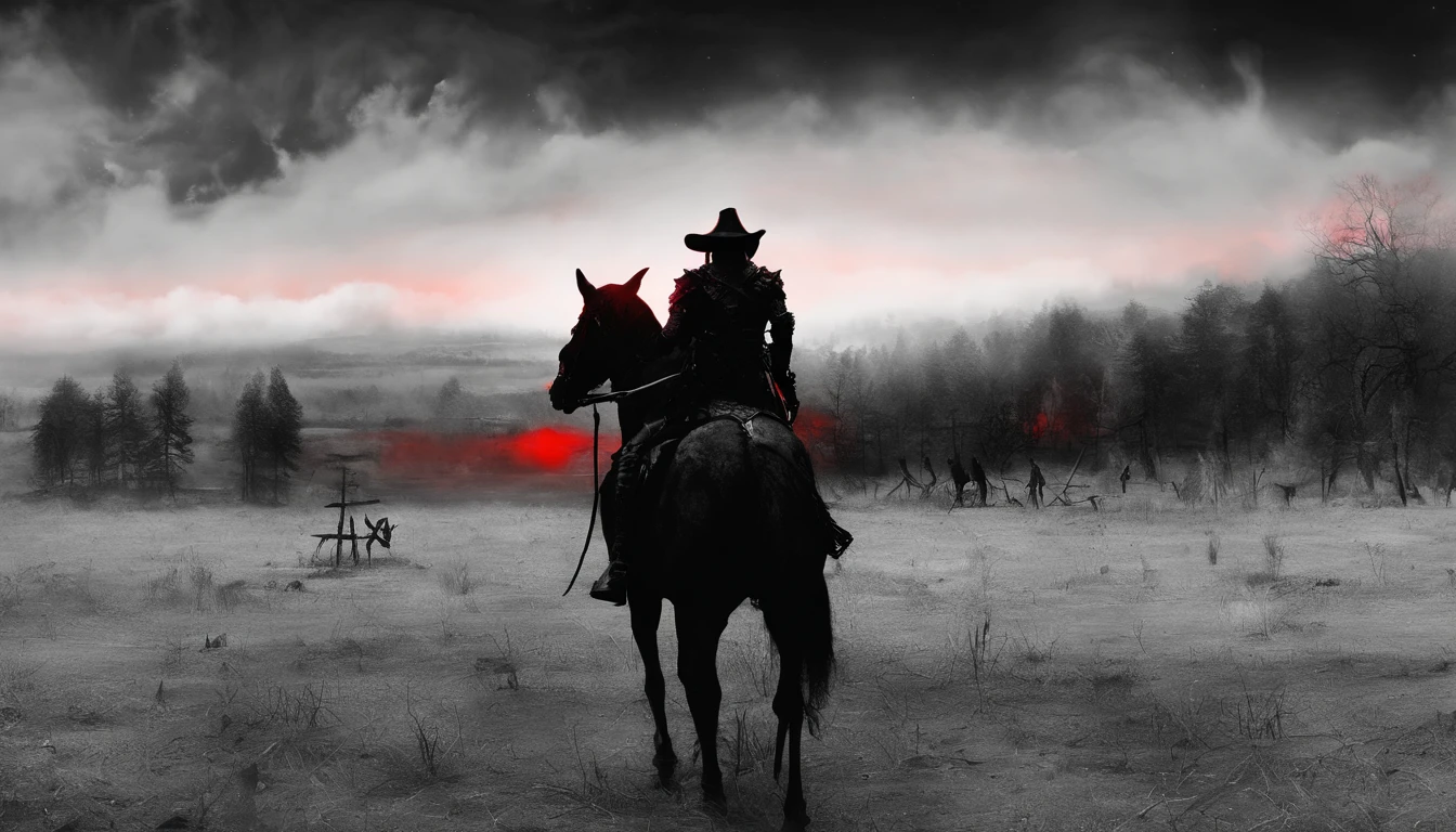 Undead terror knights in the distance，Riding black（Red-eyed zombie horse：1.5），The background is pitch black wilderness，Nearby, there were several dried corpses hanging from a dead tree，(themoon),horror atmosphere，4K，best qualtiy，primitive，（(Ultra-detailed and high-precision details))，photore，Authentic texture，((red color eyes:1.5))