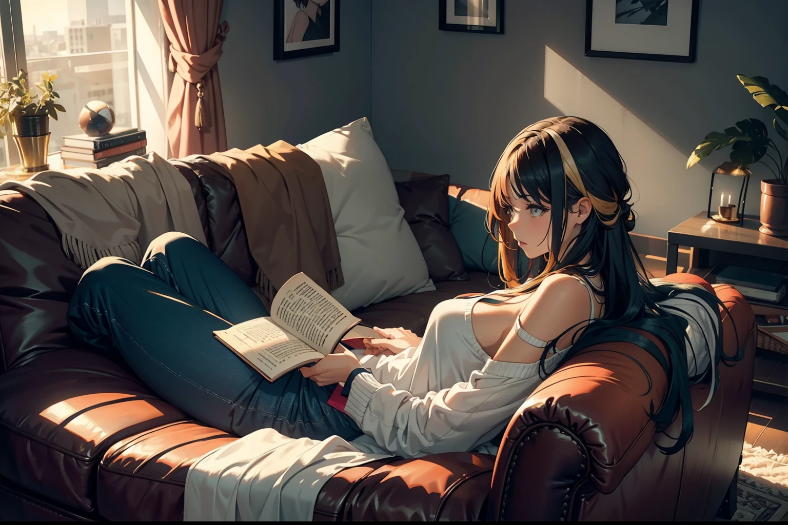 lying down on the sofa reading a book, hair colored with colored highlights, large and baggy clothes leaving skin exposed in a sexy way, comfortable living room in the late afternoon,