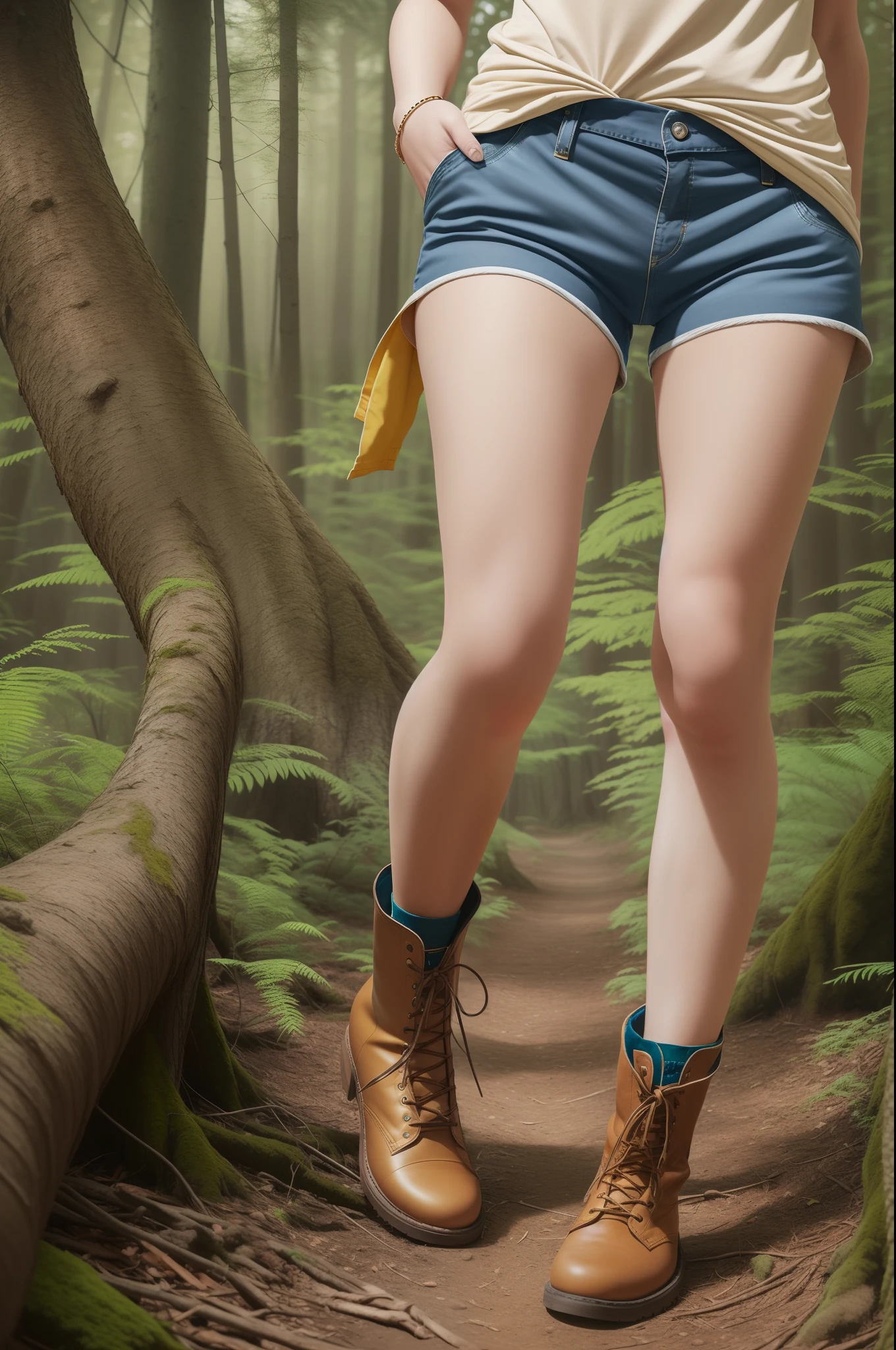 A woman standing in the forest, brown long hair, blue eyes, wearing a blue t-shirt and yellow shorts, brown boots on her feet, the background is a dark forest, high detail of the face, 8k --auto --s2