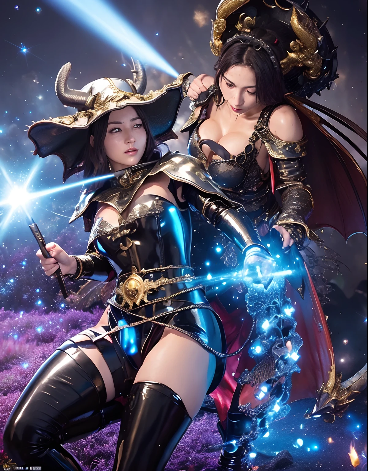 ((World of Darkness)),Professional , masterpiece、top-quality、photos realistic , depth of fields 、(((With a magic wand of gems))),(Dragon White Metal Body:1.9),(latexsilver-blue、(cleavage of the breast)(Fight dragons)、、(((Particles of light))),(Micro Bikini Armor:1.7),Gorgeous gold weapons ,(Fight dragons)、Seductive look、(blood splattere、((((With a magic wand))), ) , (((Wearing a black latex wizard hat))),(demonic wings) ,((a blond))、(Castle background)、((Gangle's forest background))、Beautiful Caucasian beauty、1a person、dynamic ungle,(((Detailed and ornate dragon wizard hat)))、Smaller head、A smile、Castle background、Thin and beautiful female hands、cleavage of the breast、Soldier in iron armor on background、Mystical expression、Light Effects、intense fighting、Wind-effect、magic circles、With the legendary magic wand、Dragon's tail、explosions、Toostock、Toostock、
