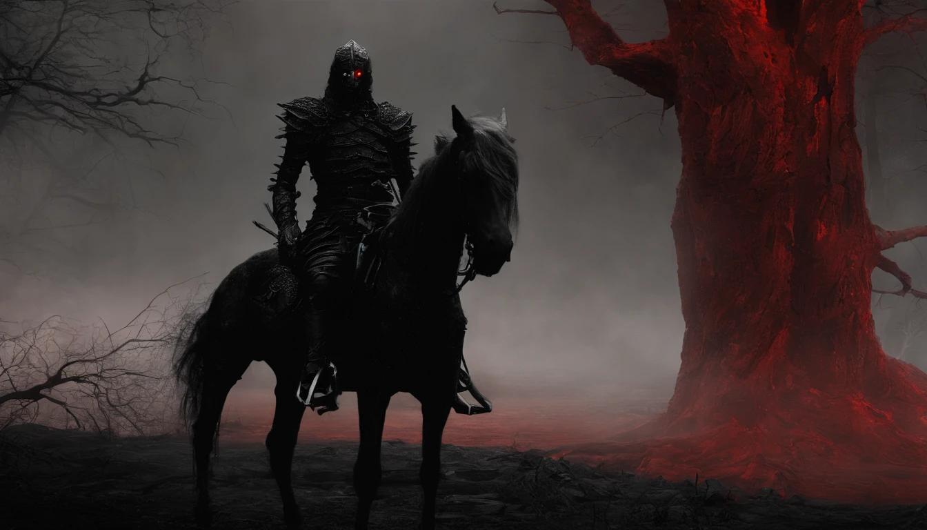 Undead terror knights in the distance,Riding black(Red-eyed zombie horse:1.5),The background is pitch black wilderness,Nearby, there were several dried corpses hanging from a dead tree,(themoon),horror atmosphere,4K,best qualtiy,primitive,((Ultra-detailed and high-precision details)),photore,Authentic texture,((red color eyes:1.5))