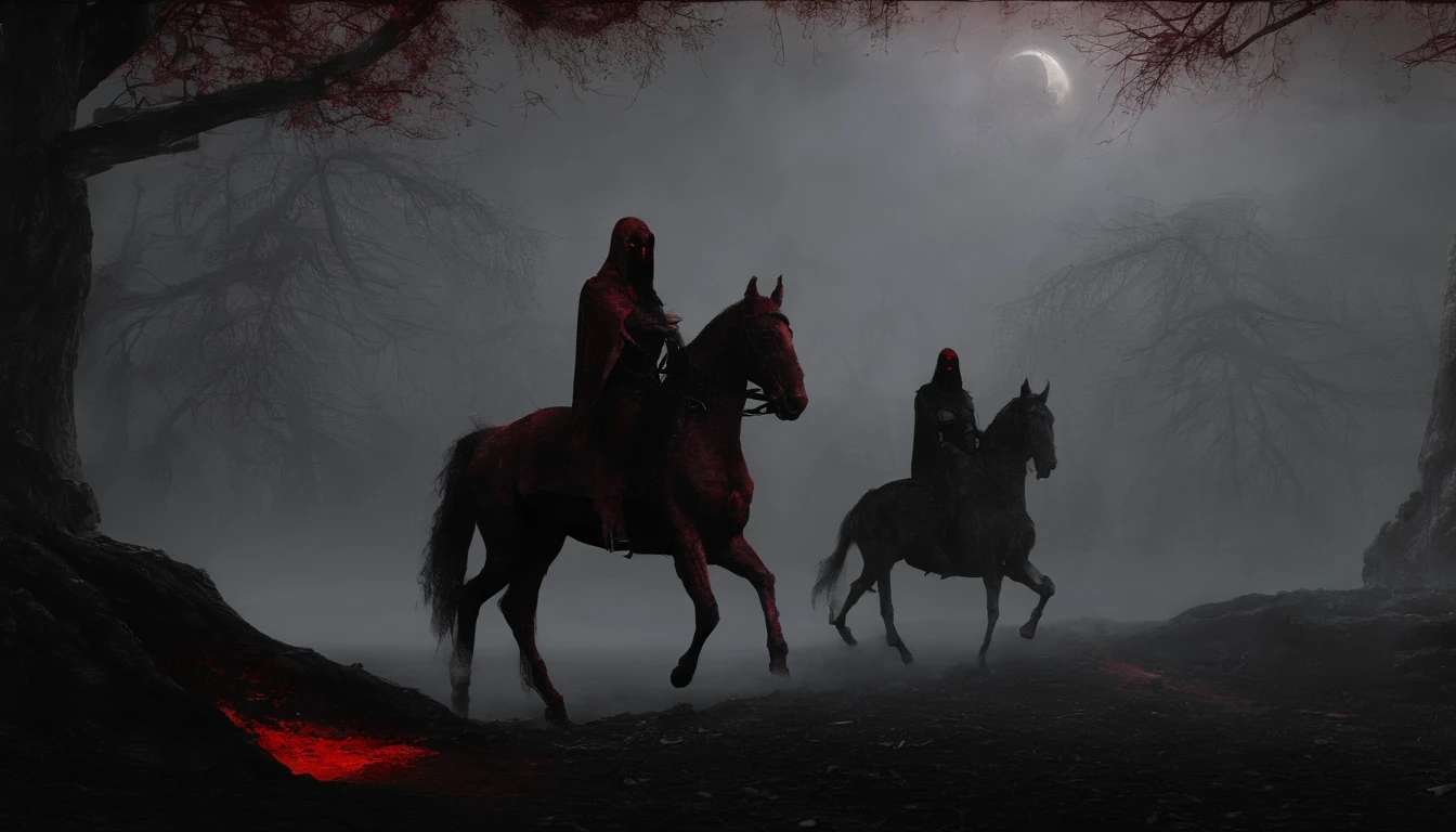 Undead terror knights in the distance,Riding black(Red-eyed zombie horse:1.5),The background is pitch black wilderness,Nearby, there were several dried corpses hanging from a dead tree,(themoon),horror atmosphere,4K,best qualtiy,primitive,((Ultra-detailed and high-precision details)),photore,Authentic texture,((red color eyes:1.5))