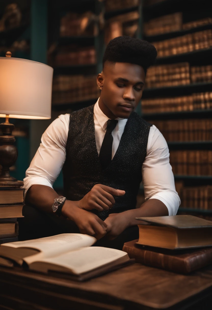 recrie a imagem no estilo disney de um homem de terno preto, camisas brancas com abotoaduras na frente de uma estante cheia de livros