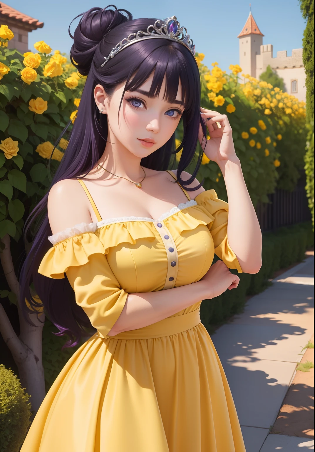 (BelleWaifu:1), surprised, beautiful pose, looking at the viewer, thick thighs, (long yellow dress:1.2), (hair bun, tiara) :D, curvy, (holding a red rose:1),

(realistic: 1.2), (realism), (masterpiece: 1.2), (best quality), (ultra detailed), (8k, 4k, intricate), (full-body-shot: 1), (Cowboy-shot: 1.2), (85mm), light particles, lighting, (highly detailed: 1.2), (detailed face: 1.2), (gradients), sfw, colorful, (detailed eyes: 1.2),

(detailed landscape, garden, plants, castle: 1.2), (detailed background), detailed landscape, (dynamic angle: 1.2), (dynamic pose: 1.2), (rule of third_composition: 1.3), (line of action: 1.2), wide shot, daylight, soil, Blunt Bangs, purple eyes,dark blue hair