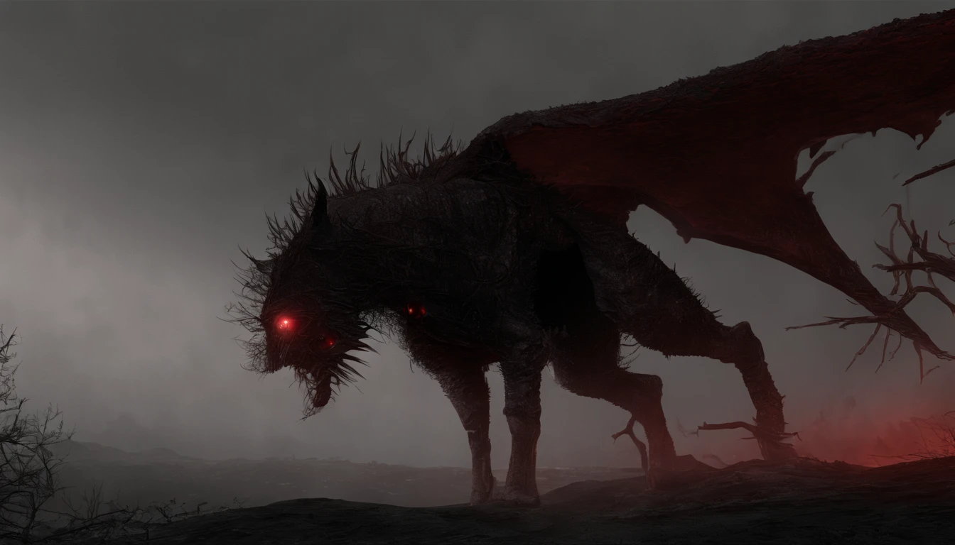 Undead terror knights in the distance,Riding black(Red-eyed horse:1.5),The background is pitch black wilderness,Nearby, there were several dried corpses hanging from a dead tree,(themoon),horror atmosphere,4K,best qualtiy,primitive,((Ultra-detailed and high-precision details)),photore,Authentic texture,((red color eyes:1.8))