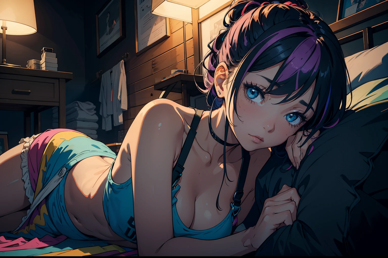 Masterpiece, high Quality, girl with colorful hair with colorful highlights, she has her hair tied up and no bra, she is wearing big, loose clothes leaving her skin exposed in a sexy way, she is at home and it is dark because it is night, she is lying down and distracted looking at things something,