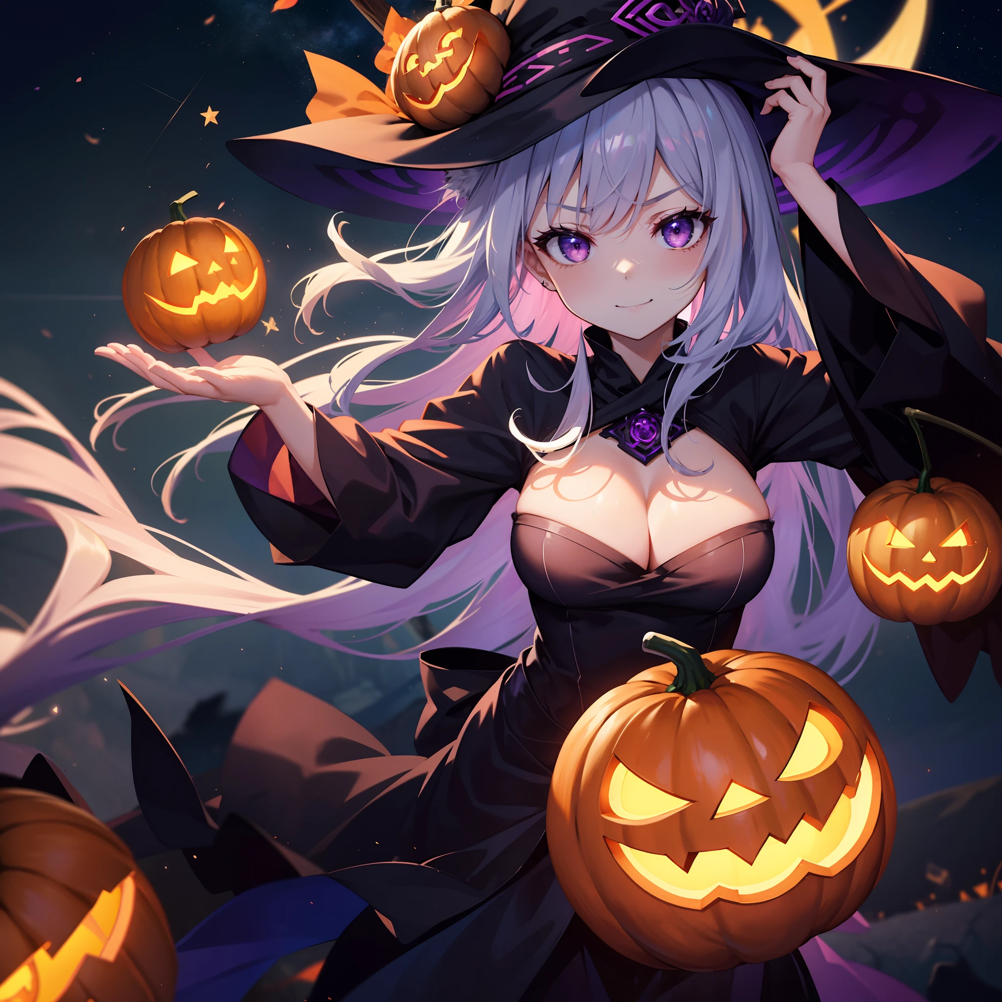 Jack Lantern、Obake pumpkin、Witch with a huge jack-lantern on her head、High Definition Pumpkin、Large pumpkin、She holds a large amount of pumpkin in both hands、Cat ears and witch's hat、Magenta Haired Witch、Sorcerer、Magic broom、angry,Smile、Naughty face、extremely detailed eye、Face Focus、An ultra-high picture quality、Motion Picture Film、Dynamic Angle、top-quality、nigh sky、shooting stars、High-definition background、Motion Picture Film、Enveloped in pale light, She sits on a magic broom and flies through the air、Depth of subject