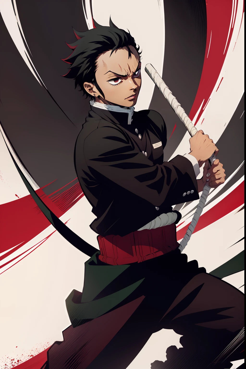 black young man, uniforme demon slayer, wind around, zoro hairstyle, black hair, red nichirin, fighting, bleach pose