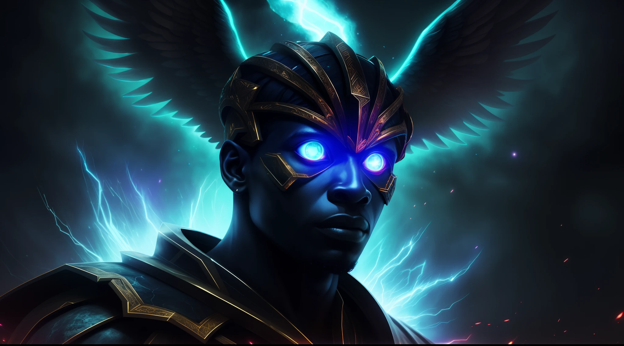 Cosmic Fallen Angel portrait, glowing light eyes, African, powerful, man, eerie, Creepy, nightmarish, Very bright colors, Light particles, with light glowing, Mshiff, cinematic art, wide screen, realistic, war, black skin, warrior