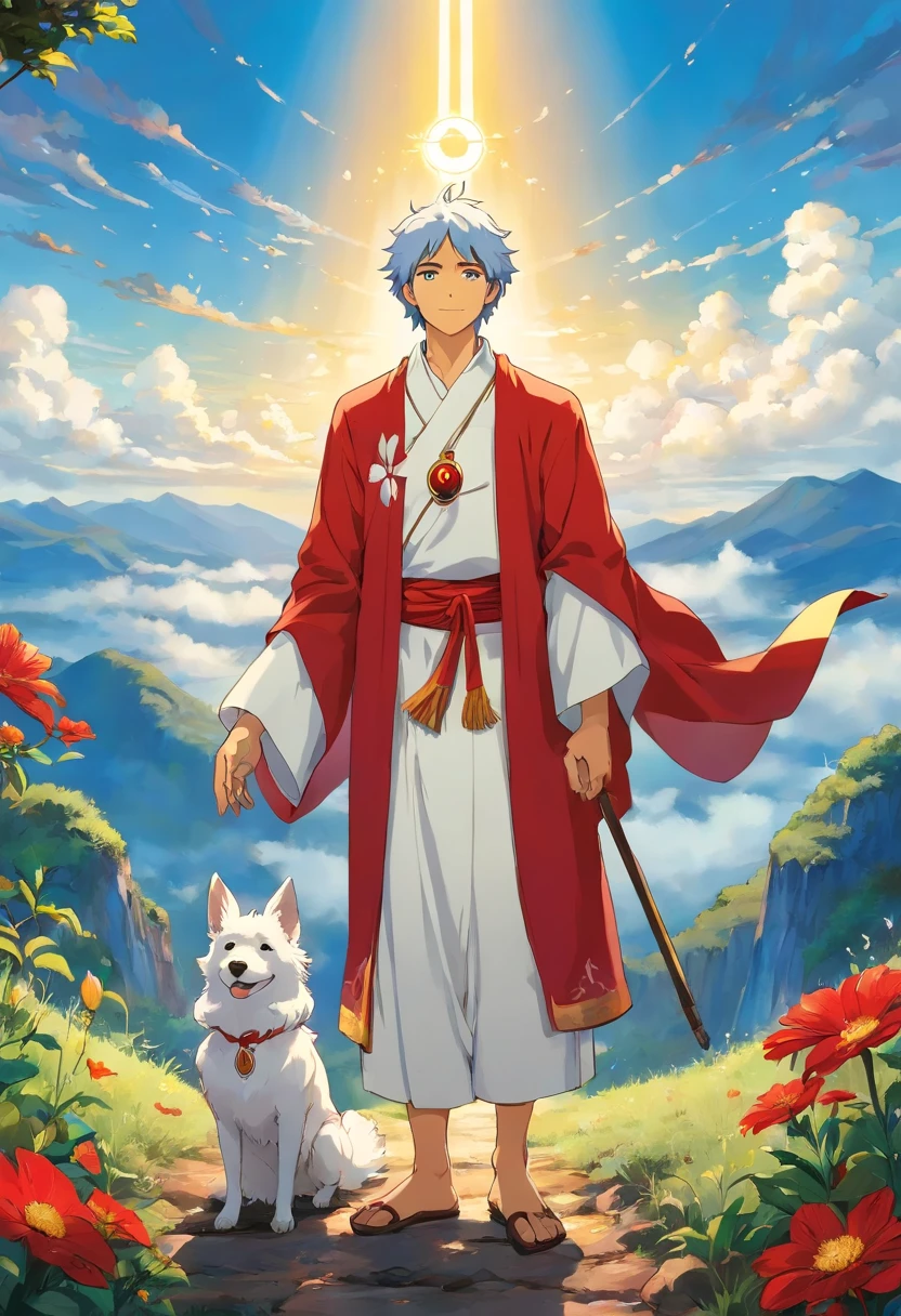 O Louco anda com passos leves. Sonhador, he looks up to the heavens, mas, naïve, he doesn't seem to notice the precipice in front of him.
O louco veste roupas brancas, that represent his purity and innocence, sob um manto colorido e alegre, with yellow leaves and flowers of 8 petals, pois ele foi vitorioso em sua jornada, Rising on a fertile black soil. The red feather on his head symbolizes willpower and action. on his right hand, ele carrega uma vara, which symbolizes your willpower and action, com uma trouxa amarrada, which are the past experiences he brings to begin the new journey. on his left hand, ele carrega uma flor branca, which symbolizes his purity and innocence.
The little white dog seems to warn him of the danger ahead of him.
The Fool is among tall, blue mountains, for he reached the highest point of the journey, contudo, the rising sun and yellow sky indicate the wisdom he has acquired and will use as he begins the new journey.
The Fool is the only one of the major arcana that has no number, por isso ele pode ser considerado 0 ou 22, who is at the beginning or end of a journey. He shows himself to be innocent and naïve in taking further steps, But he must be careful not to become foolish.