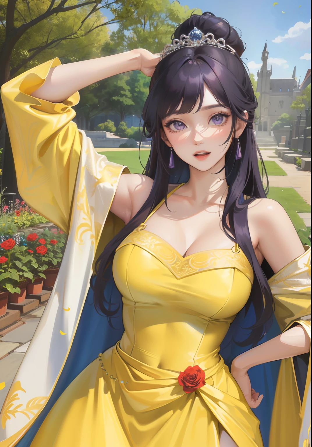 (BelleWaifu:1), surprised, beautiful pose, looking at the viewer, thick thighs, (long yellow dress:1.2), (hair bun, tiara) :D, curvy, (holding a red rose:1),

(realistic: 1.2), (realism), (masterpiece: 1.2), (best quality), (ultra detailed), (8k, 4k, intricate), (full-body-shot: 1), (Cowboy-shot: 1.2), (85mm), light particles, lighting, (highly detailed: 1.2), (detailed face: 1.2), (gradients), sfw, colorful, (detailed eyes: 1.2),

(detailed landscape, garden, plants, castle: 1.2), (detailed background), detailed landscape, (dynamic angle: 1.2), (dynamic pose: 1.2), (rule of third_composition: 1.3), (line of action: 1.2), wide shot, daylight, soil, Blunt Bangs, purple eyes,dark blue hair