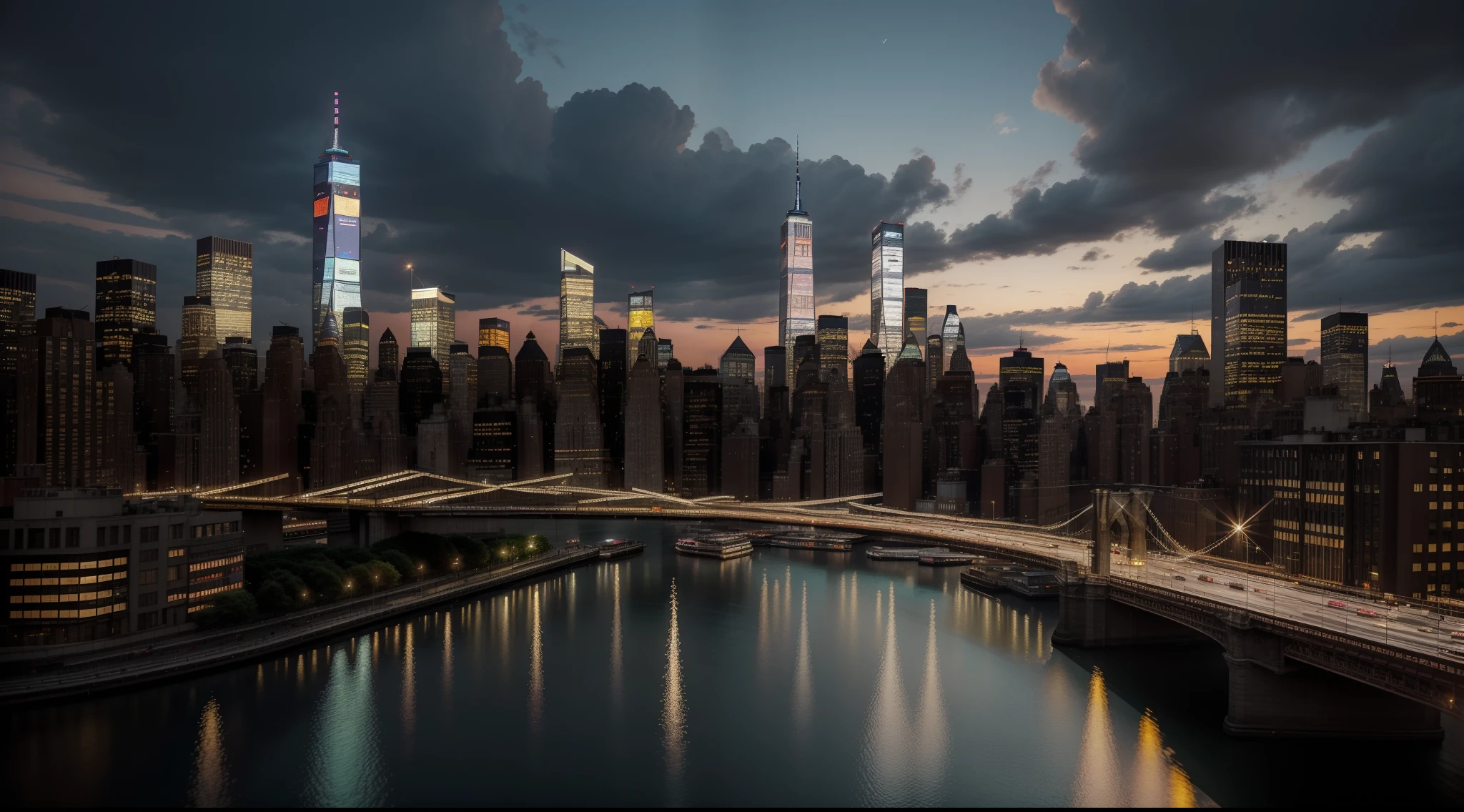 (realistic,photorealistic:1.37),highres,ultra-detailed,new york city cityscape,skyscrapers,twinkling lights,reflective glass buildings,traffic congestion,crowded streets,iconic yellow taxis,bustling city life,urban energy,busy pedestrians,city that never sleeps,dynamic atmosphere,cultural diversity,imposing architecture,impressive skyline,Millennium World Tower,Empire State Building,famous landmarks,Times Square,Brooklyn Bridge,Hudson River,streets illuminated by streetlights,glimmering neon signs,nighttime ambiance,underground subway system,subway entrances,art deco facades,industrial charm,waterfront promenades,central park,lush greenery,peaceful oasis amid the chaos,skating rink,street performers,vibrant street art,hustle and bustle,coffee shops and delis,bustling markets,food carts,spectacular sunsets over the city,clouds in shades of pink and orange,halo of lights on the horizon,peaceful riverside views,early morning joggers,hidden alleyways and secret gardens,reflection of city lights on the water,evocative atmosphere,beauty in the chaos.