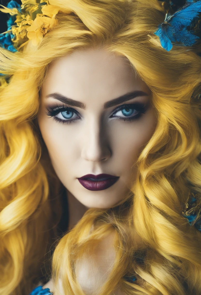 a close up of a woman with long yellow hair and blue eyes, wavy hair yellow theme, beautiful yellow woman, beautiful blonde girl, soft portrait shot 8 k, beautiful blonde woman, yellow hair, medium yellow blond hair, blonde woman, color photograph portrait 4k, color portrait, long yellow hair, cinematic realistic portrait, photo of a beautiful woman, blonde beautiful young woman full body, big breasts