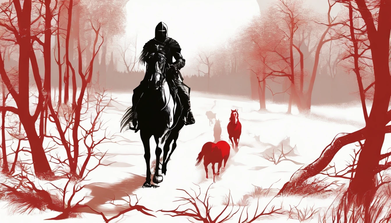 Undead terror knights in the distance,Riding black(Red-eyed horse:1.5),The background is pitch black wilderness,Nearby, there were several dried corpses hanging from a dead tree,(themoon),horror atmosphere,4K,best qualtiy,primitive,((Ultra-detailed and high-precision details)),photore,Authentic texture,((red color eyes:1.8))