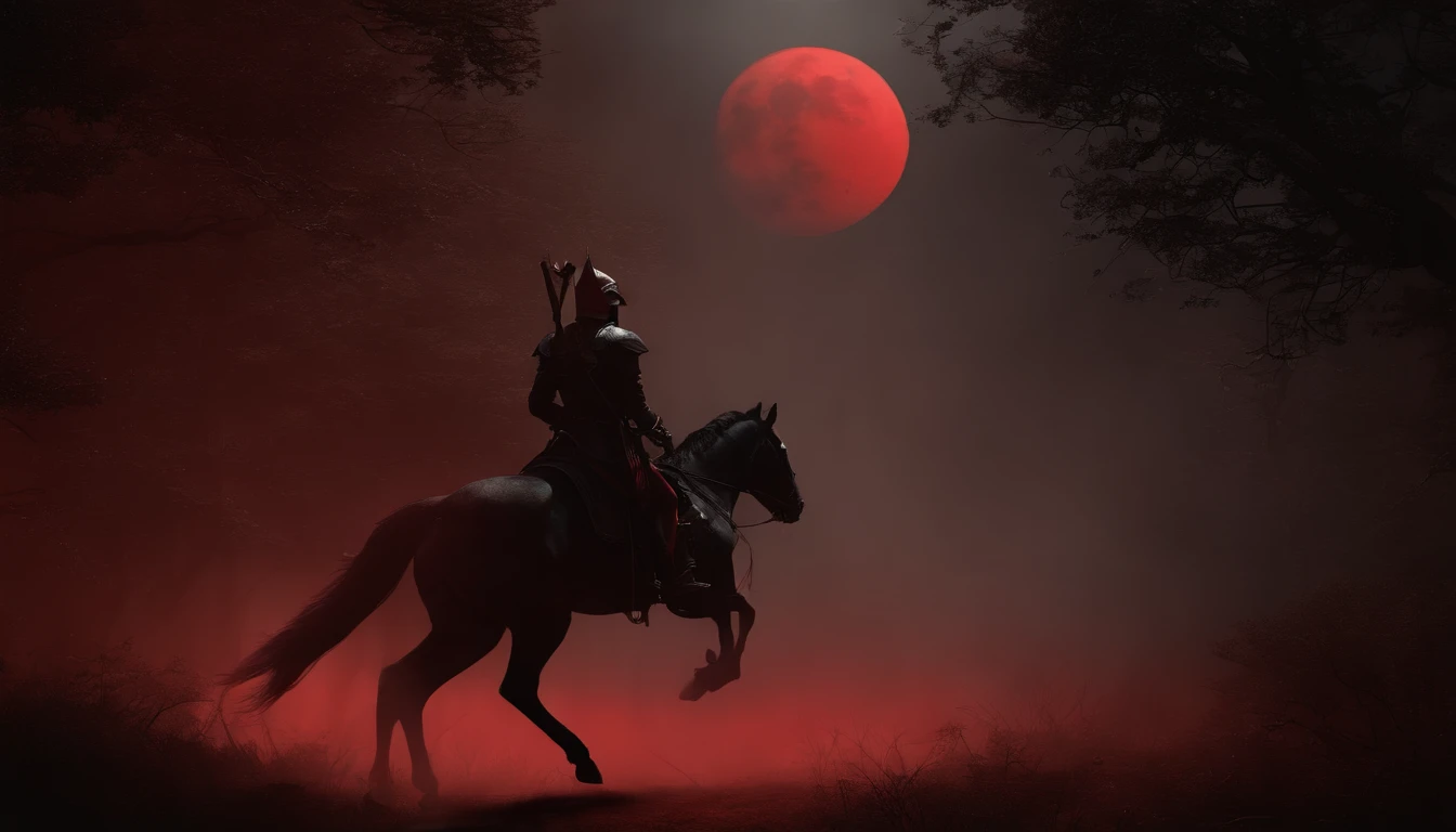 Undead terror knights in the distance,Riding black(Red-eyed horse:1.5),The background is pitch black wilderness,Nearby, there were several dried corpses hanging from a dead tree,(themoon),horror atmosphere,4K,best qualtiy,primitive,((Ultra-detailed and high-precision details)),photore,Authentic texture,((red color eyes:1.8))