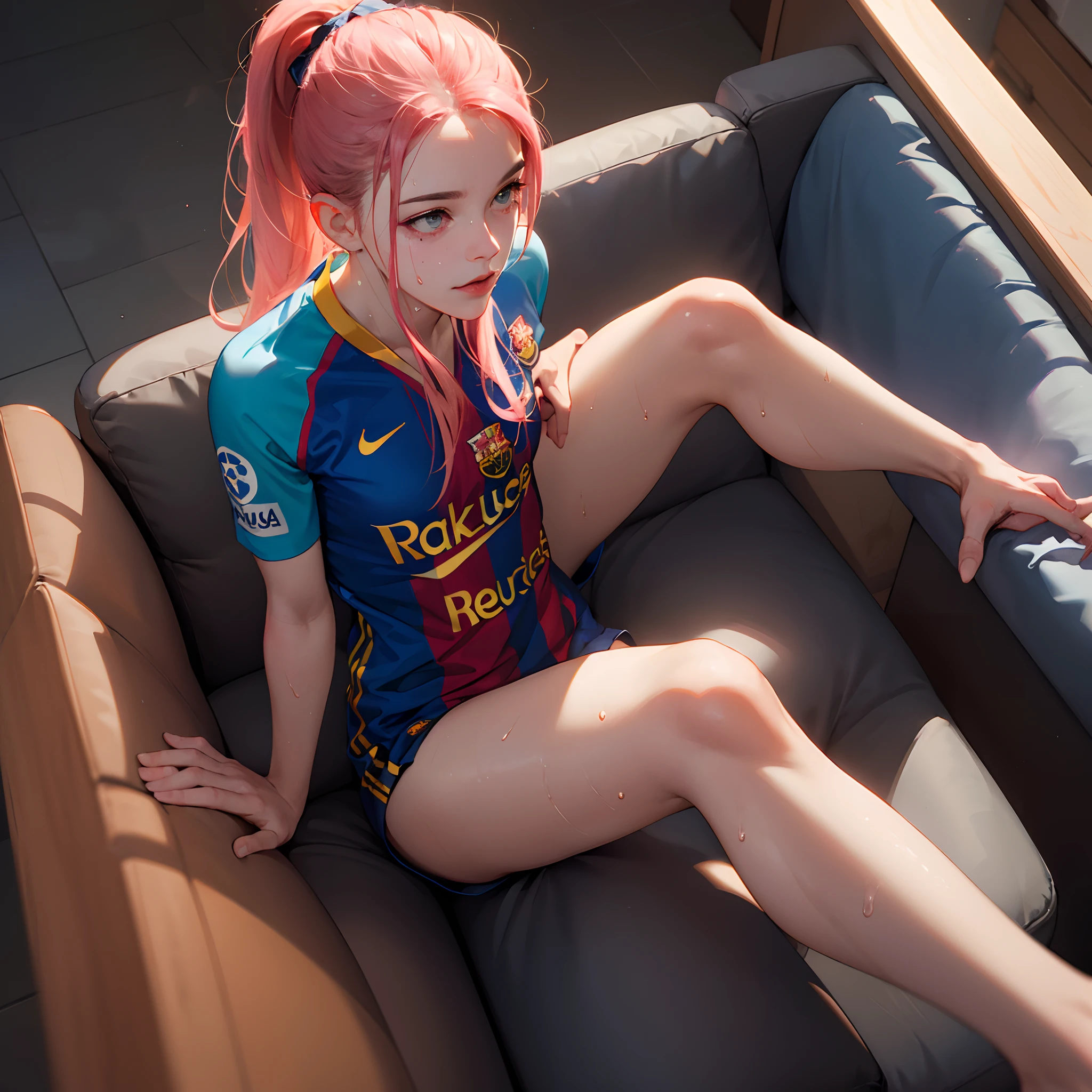 (masterpiece), high-resolution, best quality, perfect detailed face,
perfect thighs, perfect legs,sitting on couch, spreading legs, relaxing,
(girl in tights sweaty Barcelona fc soccer jersey), sweating,sweaty, no shorts, showing , long messy pink hair , tired face, ponytail,
(she is not wearing any panties or shorts and her is visible)
Lighting from above, Living room background, night, view from below close to her , she is looking at you