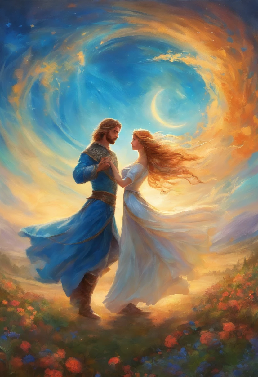 oil painting style, couple made up of 1 man and 1 woman dancing, hugging, countryside, blue sky, medieval, fantasy
