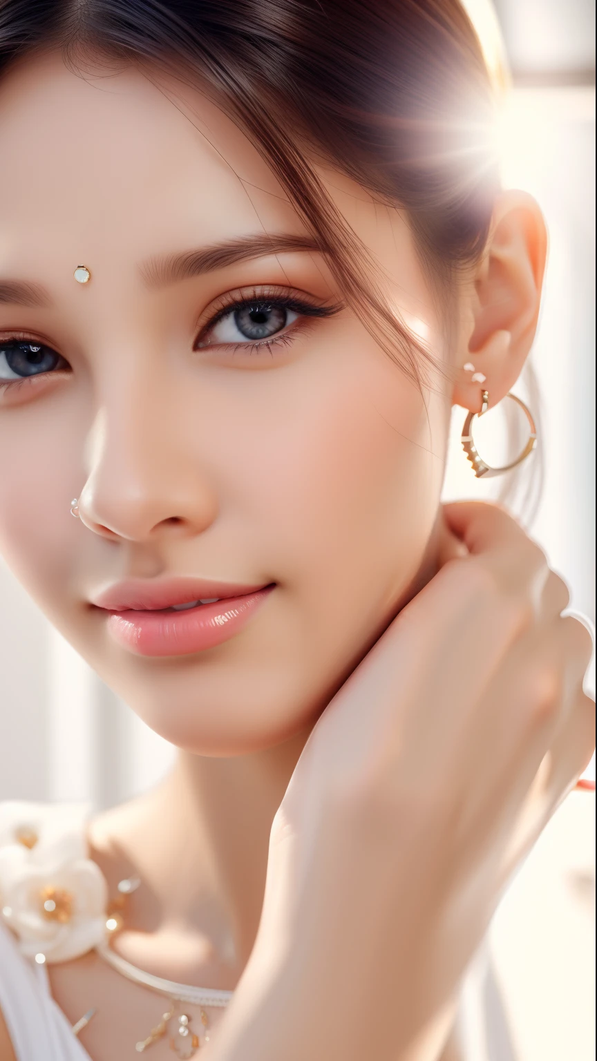 realistic face , cute , home background, 8k, clear eyes, beautiful lips , smooth skin, beautiful earrings, HD