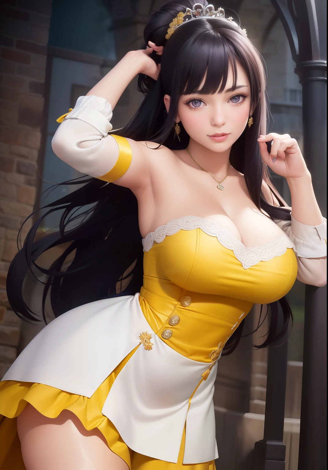 (BelleWaifu:1), surprised, beautiful pose, looking at the viewer, thick thighs, (long yellow dress:1.2), (hair bun, tiara) :D, curvy, (holding a red rose:1),
(realistic: 1.2), (realism), (masterpiece: 1.2), (best quality), (ultra detailed), (8k, 4k, intricate), (full-body-shot: 1), (Cowboy-shot: 1.2), (85mm), light particles, lighting, (highly detailed: 1.2), (detailed face: 1.2), (gradients), sfw, colorful, (detailed eyes: 1.2),
(detailed landscape, garden, plants, castle: 1.2), (detailed background), detailed landscape, (dynamic angle: 1.2), (dynamic pose: 1.2), (rule of third_composition: 1.3), (line of action: 1.2), wide shot, daylight, soil, Blunt Bangs, purple eyes,dark blue hair