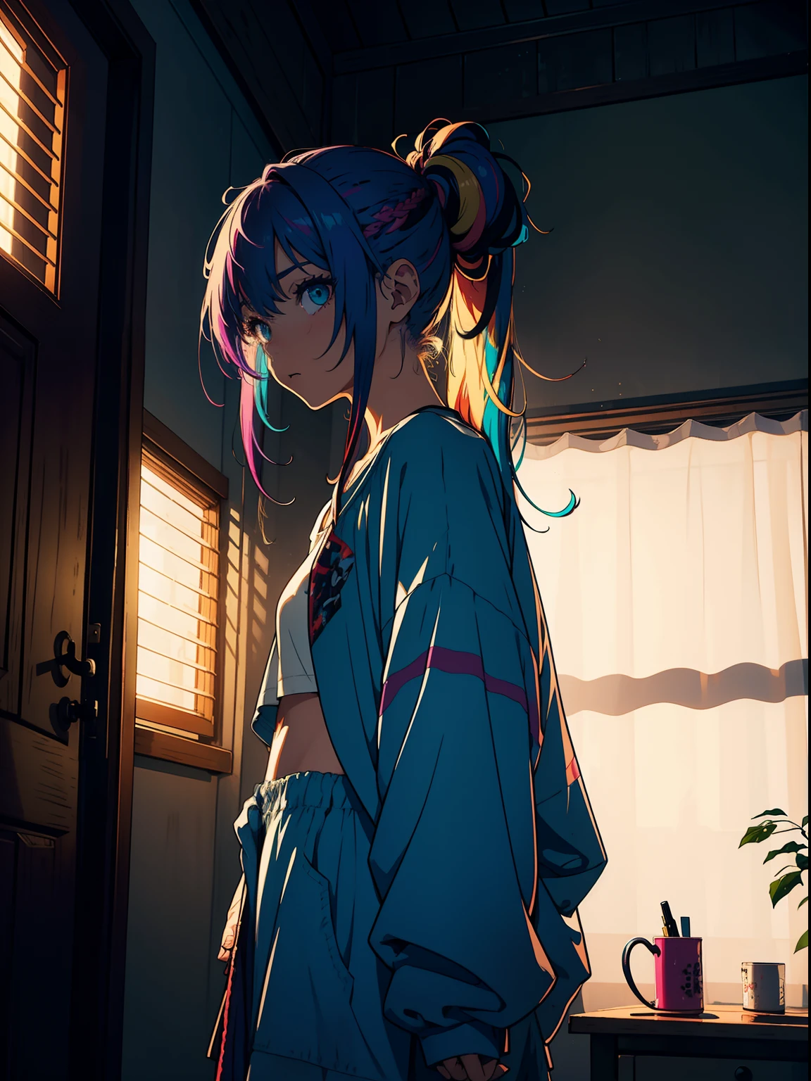 score_9_up, score_8_up, score_7_up, dynamic pose, portrait, headshot, multiple views, 1girl, NEET, (fair skin), tired, sleepy, (very long hair), (very messy hair), purple hair, (cyan eyes), medium breasts, frown, oversized shirt, (untucked shirt), off shoulder, bare shoulders, collarbone, choker, bike shorts, barefoot, (in a dark room), lights off, (dim lighting), messy room, junk food, (from behind), (facing away), a large television, video game console, game controller, futon, at night, dark theme,
